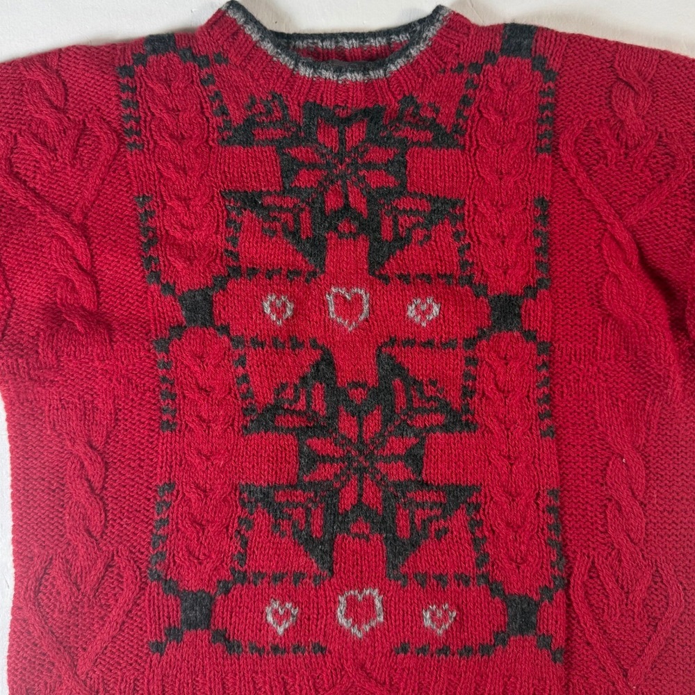 Woolrich Handknit Pure Wool‎ Sweater Medium Ruby Red Excellent Nordic Cable Knit
